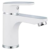 Waschtischarmatur aus robustem Messing und die Oberfläche ist glänzend weiss Lack beschichtet. Verchromte Akzente am Griff und Auslauf machen die Armatur zu einem echten Hingucker.