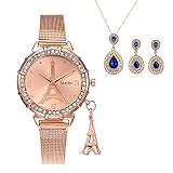 Kristalle Uhr,Moeavan Mode Frauen Eiffelturm Quarz Armbanduhr mit Halskette (A)