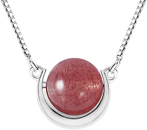 Jewboo S925 Sterling Silver Crescent Moon inlaid Natural Strawberry Quartz Beads Cute Necklace Pendant Gift