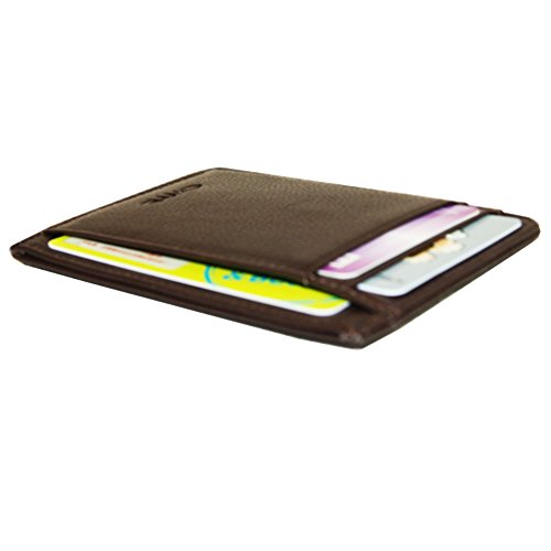 RFID Blocking Slim Genuine Leather Front Pocket Wallet Super Thin Minimalist Card Holder (Brown with 6 Slots)