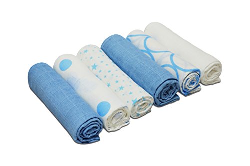 Cuddles Collection Printed Muslin Squares (6 Pack, Blue/ White)