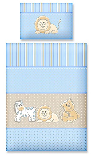Aminata Kids Bettwäsche Kinder 100 x 135 Jungen Mädchen Baumwolle Tiere Wildetiere Zootiere Zebra Löwe Tiger Kinderbettwäsche Babybettwäsche hellblau Babyblau blau Zoo Kinderbett Babybett