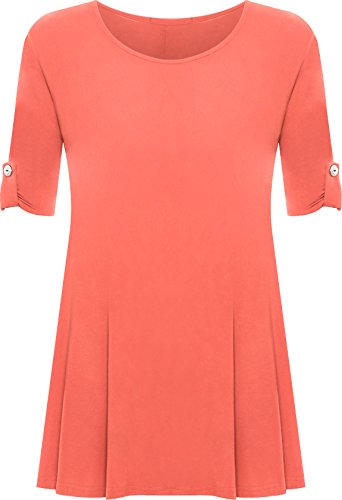 Womens Plus Size Scoop Neck Short Sleeve Flared Ladies Long Plain Top - Coral - 22/24