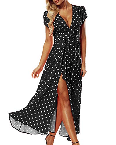 ACHIOOWA Femme Sexy Boho Robe Longue Col V Manches Courtes Maxi Robe de Plage Soirée Cocktail Noir 2XL
