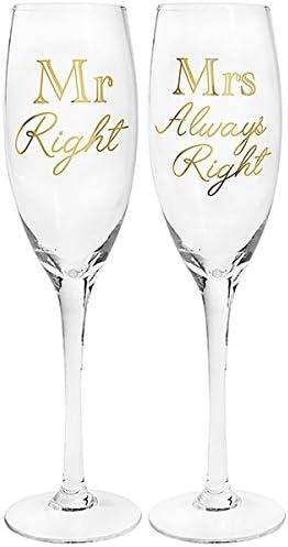 "Mr Right &amp; Mrs Always Right" Gold Funny / Cheeky Keepsake Wedding / Anniversary / Engagement Set of Two Champagne Flutes / Prosecco Glasses in Presentation Box