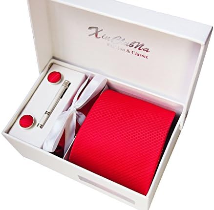 Men tie, Handkerchief, stickpin and Cufflinks fashion business gift box tie set (Red stripes)