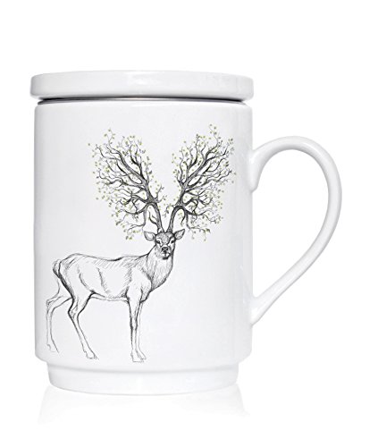 We Love Home - Taza de té de porcelana con tapa + filtro metálico inox 25 cl. estilo nórdico modelo Forest Dreams