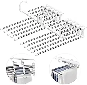 Clothes Hangers-Rewup 5 in 1 ABS Foldable Hangers for Clothes Hanging Multi-Layer Multi Purpose Pant Hangers for Wardrobe Magic Foldable Hanger Space Saving 5 in 1 Rack Stainless Steel Cloth (1)