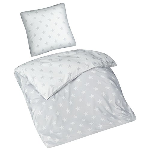 Aminata – Bettwäsche 135×200 cm Mikrofaser + Reißverschluss Sterne Hellgrau Silber Weiß Bettbezug Sternchen Stars Wendebettwäsche 2-teiliges Bettwäscheset Bezug Ganzjahr Normalgröße Jungen Mädchen - 2