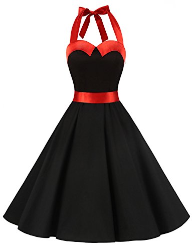 Dressystar DS1957 Robe de Bal Polka Vintage pin-up à 'Audrey Hepburn' 50's 60's Rockabilly Halter,Dos Nu, Noir et Rouge XXXL