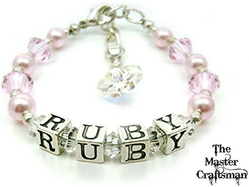.925 STERLING SILVER Pink Swarovski Pearl And Crystal Personalised Any Name Bracelet Baby Or Adult Sizes Charm ID Woman Girls Boys Mothers With Gift Box