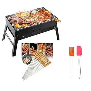 MORTON DAVIES Folding Portable Outdoor Barbeque Charcoal BBQ Grill Oven Black Carbon Steel, Wooden Stick, Silicone Brush and Spatula