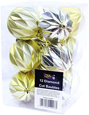 Christmas Tree Decoration 12 Pack 60mm Rhinestones Cut Baubles - Golden