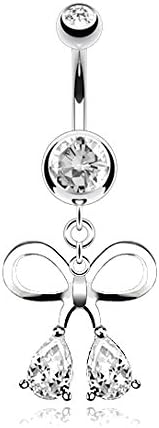 HBJ Unisex Stainless Steel CZ Dangle Belly Button Navel Piercing Bow Teardrop 1.6 mm x 10 mm NAL12771 clear