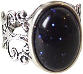 Genuine Blue Glittery Goldstone Gemstone Adjustable/Open-Backed Filigree-Style Ring Size L-T in Gift Box