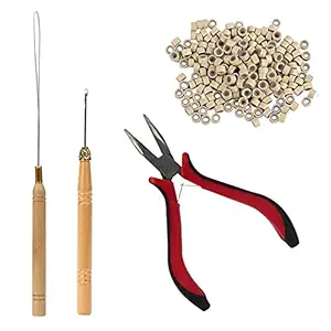 Fannace Hair Extension Kit Pliers Pulling Hook Bead Device Tool Kits and 500 PCS Black Silicone Lined Micro Rings Bead Tool Kits for Professional Hair Styling Tools Accessory?Beige?