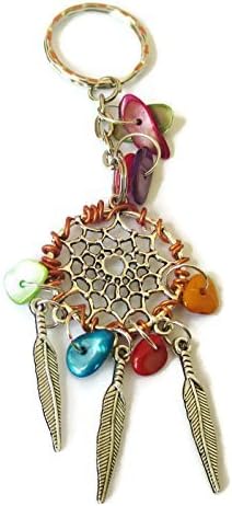 silver tone lightweight feather dream catcher key-ring with coloured chips and gift bag