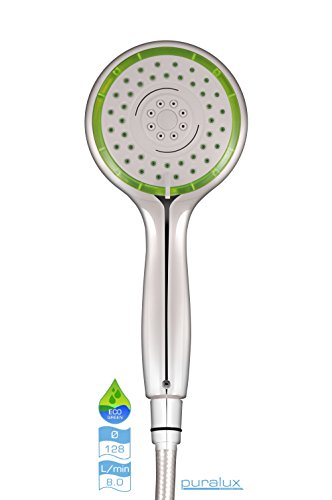 Puralux ECO 170 Green - Wassersparender Duschkopf mit 3 Strahlarten. Das Venturiprinzip reichert das Duschwasser mit Sauerstoff an und sorgt so für ein erfrischendes Duscherlebnis mit einem dennoch kraftvollen Strahl & senkt dabei auch noch Wasser- und Heizkosten um bis zu 70% (jenach bestehenden Druckverhältnissen)