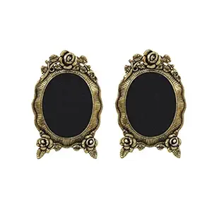 Handicrafts Paradise Photo Frame Pair Antique Golden Oval Shaped with Floral Motif in Metal 5.25 X 8 Inch