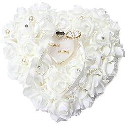 Woneart Romántica Almohada Anillo de Boda Forma corazón Anillo Cojín Almohada Anillo Cojín Caja Decoración Regalo para Boda Nupcial Ceremonia (Blanco)