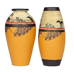 Vase Earthen Yellow Madhubani with Fish Motifs (Set of 2) (6.2x3/6.2x3)