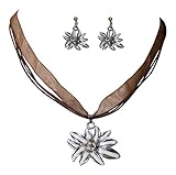 Farbige Acrylperlchen Trachtenschmuck Dirndl Edelweiss Collier-Set - Kette und Ohrringe - mit Perlchen (Braun)