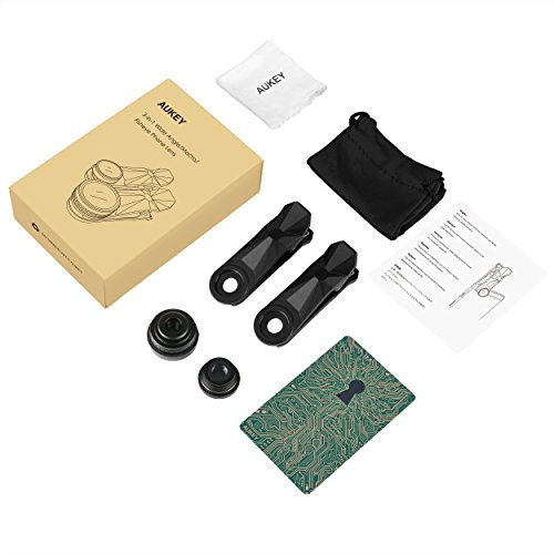 AUKEY Kit Lentes de Mov  l 3 en 1 Clip On con Lente Fisheye Objetivo de 180 Grados   0 67X Gran Angular Lente   10X Macro Lente para iPhone 6   6 Plus   5S   5   HTC  etc