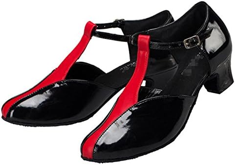 Womens Closed Toe High Heel Pu Leather Salsa Tango Ballroom Latin T-Strap Dance Shoes Black Red . A . 41