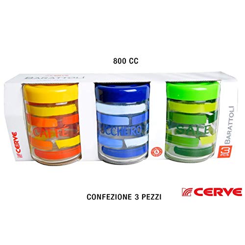 Cerve Confezione da 3pz Contenitori barattoli in Vetro con Tappo Made in Ital 800cc per Sale Zucchero caffè