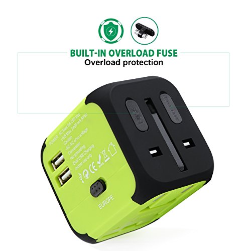 Universal Reiseadapter USB Ladegerät Ladeadapter für US UK AU EU multinationaler ladestecker universal Netzteil mit Dual USB und Schmelzsicherung (Grün) - 6