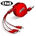 Produktbild 5 Pack Einziehbares Ladekabel 3 in 1 Roll up Kabel + USB C + Micro USB Gleichzeitig Lade DREI Geräte mit Premium Chip-Kontrolle, Sicher & Schnell für Samsung iPhone Huawei Android, 1.2m (Rot)