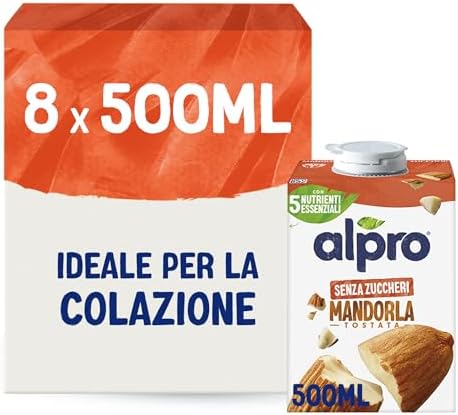 ALPRO SENZA ZUCCHERI, Bevanda alla MANDORLA, Alternativa Vegetale al Latte, Naturalmente Senza Lattosio, con Vitamine B2, B12, D2, E - 8 confezioni x 500 ml