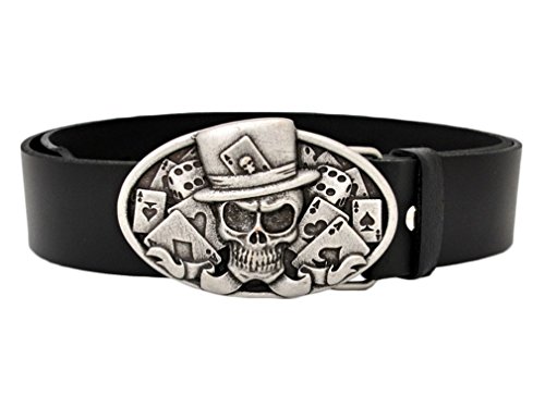 GENUINE LEATHER BELT BLACK 38mm OVAL BUCKLE GAMBLING SKULL - ACE (XL, Black)