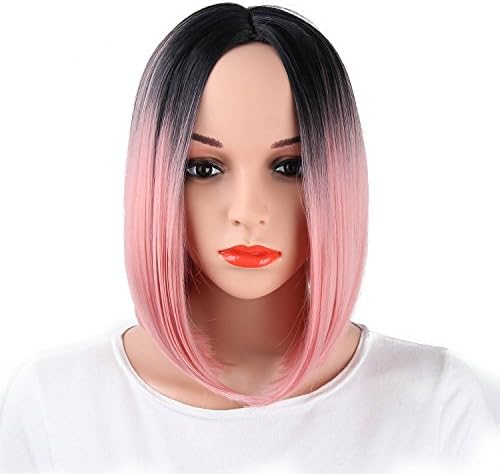 Women's Short Bob Hair Wig Synthetic Colorful Cosplay Wigs Daily Party Black Roots and Pink Wig 12inches