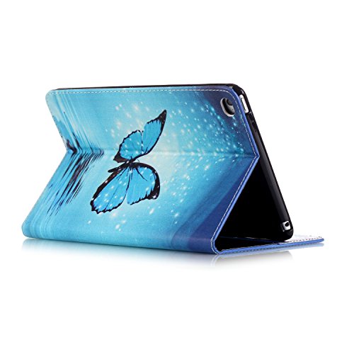 iPad Mini 4 Hülle,iPad Mini 4 Case,iPad Mini 4 Ledertasche – Felfy PU Ledertasche Luxe Bookstyle Flip Standfunktion Magnetverschluss Ledertasche Muster Eule Schmetterling Pfingstrose AugeBunte Malerei Retro Painted Abdeckung Schutzhülle Ablösbar Handliche Case Tasche Etui für Apple iPad Mini 4 (Blue Butterfly) + 1 x Hellblau Stylus + 1 x Blau Blume Dust Plug - 4