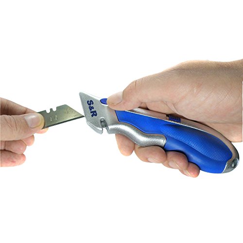 S&R Schnellwechssel – Profi – Teppichmesser 165mm, SK5 Klinge 3-stufig,Wechssel per Knopfdruck,4 Klingen - 7