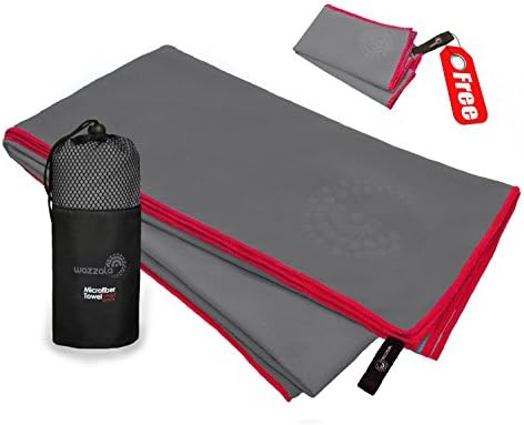 Wazzala Premium Microfibre Towel for Travel, Camping, Bath &amp; Gym + FREE Hand/Face Towel &amp; Mesh BAG. Antibacterial, Quick-dry, Compact. With Hook. Limited Time Offer! (Bold Grey, XL - 140cm x 70cm)