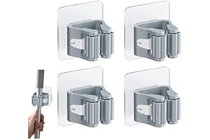 FOUTP 4 Pièces Porte-Balai Mural Auto-adhésif Porte Vadrouille Accroche Balai Mural sans Perçage Pince à Balai Supports de Balai de Vadrouille Gris Accroche Balai pour Porte Salle de Bain Gris