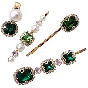 5 Pcs Vintage Green Rhinestone Pearl Gold Bobby Pins Decorative Hair Clips Accessories, Metal Green Crystal Hair Slides Clips Pins for Women Hair Styling (Green)