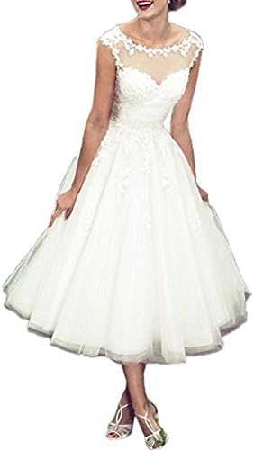 ANJURUISI Women's Scoop Neck Lace Applique Tea-Length A-Line Wedding Dress Bridal Gowns Ivory-UK16