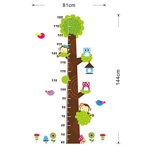 Missley bnehmbares wiederverwandbares Körpergröße Wandbild in Tier Stil Serie Cartoon Animal Wallsticker Wandtattoo für Kinder Messlatte Messen Aufkleber für Wohnzimmer und Kinderzimmer Deko Wandpapier in verschiedene Größe und Motive (Affe Eule und Grün Baum)(81*144) - 2