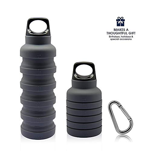 ThinsGO, la borraccia pieghevole, ermetica, realizzata in silicone, leggera, ecologica e riutilizzabile, per viaggi, campeggio, trekking, escursioni, corsa, 250-500 ml, 255-481 g., Grey