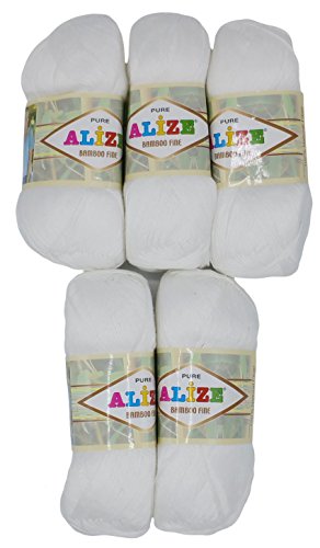 5 x 100 Gramm Bambuswolle weiss Nr. 55, 500 Gramm 100% Bambus Strickwolle