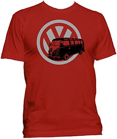 VW Classic splitscreen camper van with Logo. Ringspun Mens T-shirt. Red XL