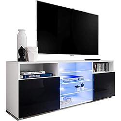 ExtremeFurniture T38 Meuble TV, Carcasse en Blanc Mat/Façade en Noir Brillant + LED Bleues