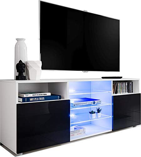 ExtremeFurniture T38 Meuble TV, Carcasse en Blanc Mat/Façade en Noir Brillant + LED Bleues