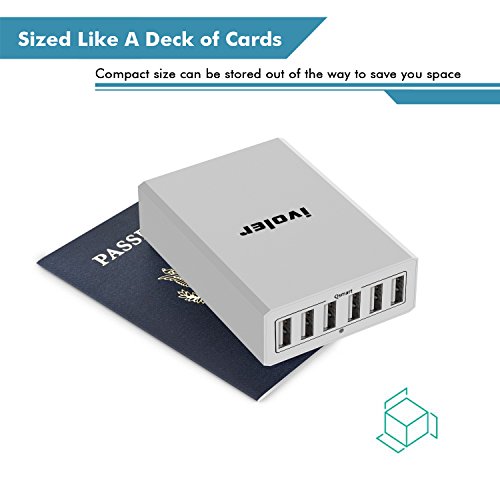 iVoler Caricabatterie USB da Muro 6 Porte 60W (5V/12A Max, 2.4A Max per Porta), Caricatore USB da Tavolo 6 Porte, Alimentatore multi-porta con Tecnologia Qsmart per iPhone, iPad, Samsung Galaxy, Huawei,ASUS, LG, HTC, Sony,Motorola,Tablet, Smartphone e gli altri dispositivi USB. [Incluso un Cavo iPhone (1m) & Cavo Micro USB (1m)] (Bianco)