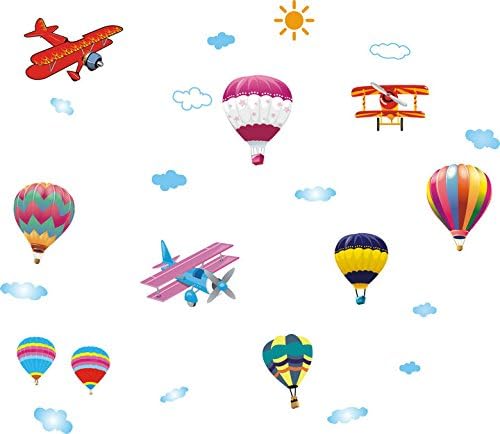 Children's room living room bedroom TV background blue sky and white clouds airplane combination hot-air balloon wall sticker