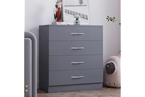Songtree Chest of Drawers 3/4/5 Drawer with Metal Handles and Runners Bedside Table Cabinet Storage for Bedroom Living Room Furniture (4 Drawer, Gray)