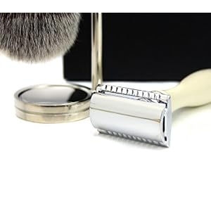 3 Piece Shaving Set DE Safety Razor,Syntactic Hair Brush in Ivory Colour & Stand - Image 2